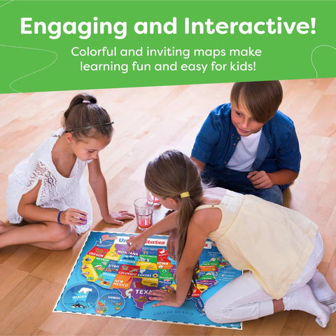 Kids engaging with USA map from United States Map For Kids And World Map For Kids Two Piece Set 24 By 16 Inches Waterproof Classroom Posters