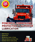 Fluid Film snow plow product advertisement with text highlighting powerful corrosion protection and lubrication benefits.