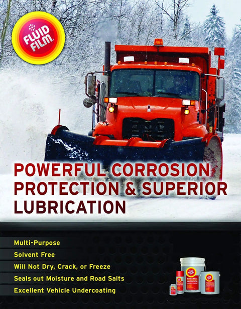 Fluid Film snow plow product advertisement with text highlighting powerful corrosion protection and lubrication benefits.