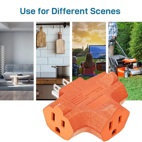 Three Outlet Grounding Power Tap Extender With UL Listed Safety Built Tough Indoor Plug Splitter Turns One Wall Outlet Into Three T Shaped Design 15 Amp 125 Volt 1875 Watt Capacity Orange Three Pack