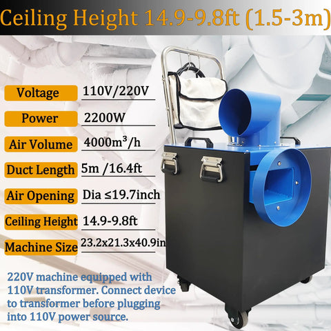 No Sweat Heavy Duty Movable Dust Collector For Central Air Conditioning Duct Cleaning, 220V machine with blue exhaust, 4000m³/h airflow.