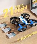 Indoor Nano Drone For Kids And Beginners With Auto Hover And Toss To Launch Circle Fly And 3D Flips Headless Mode Altitude Hold Includes 3 Batteries Dope Gift For Boys And Girls In Blue Edition with three batteries next to a laptop on a wooden table.