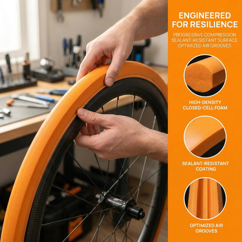 Person installing Puncture-Proof Bike Tire Inserts Run-Flat Tubeless Foam Liner For 25-32c Road Bikes on a wheel