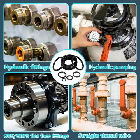 400 Piece Buna N O Ring Seal Kit For Hydraulic Flat Face Fittings ORS ORFS Nine Sizes from One Quarter Inch to Two Inches with 70A Buna N Material, hydraulic components, fittings, valves, and systems visible.