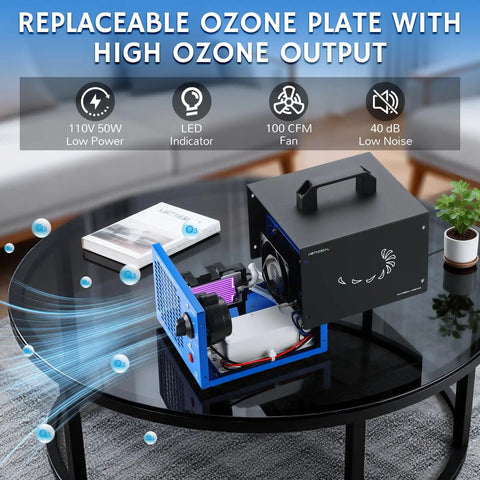 High Capacity Ozone Generator For Odor Elimination In Homes, Cars, And Pets Up To 2000 Sq Ft displayed open on a table