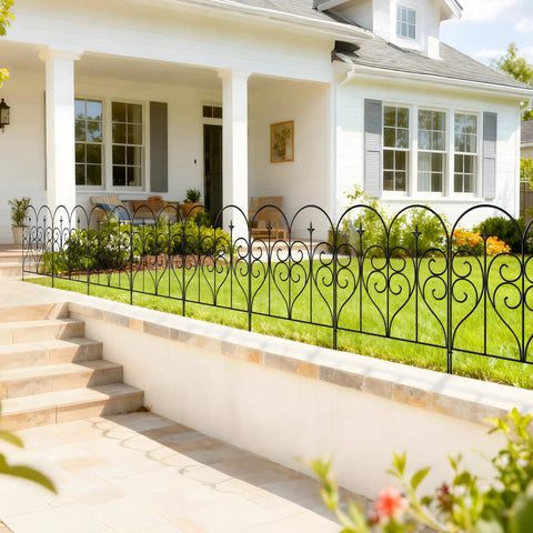 Heavy Duty Metal Fence Panels Set 32 Inch High By 10 Feet Long Five Panels No Digging Outdoor Dog Fence And Animal Barrier Rustproof Decor installed around flower bed