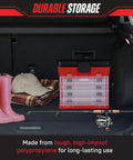 Portable Tool Storage Box With Four Removable Trays And Lids in car trunk next to boots, blanket, and fishing rod.