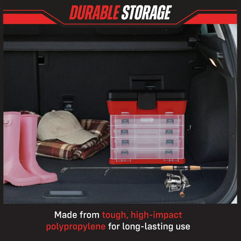 Portable Tool Storage Box With Four Removable Trays And Lids in car trunk next to boots, blanket, and fishing rod.