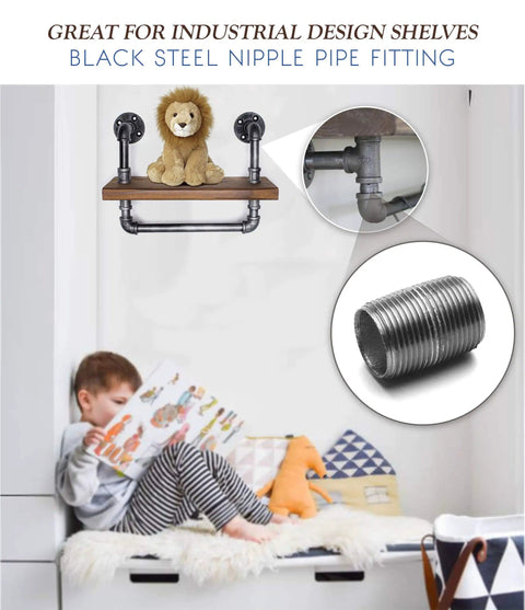 Child reading next to shelf made with 60 Piece Malleable Black Pipe Fitting Kit One Half Inch Nipples For DIY Projects.