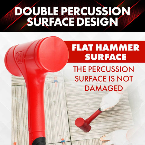 Two Piece Dead Blow Hammer Set With 16oz And 27oz Ball Pein Mallets, Shockproof No Rebound, red hammer on flat surface.