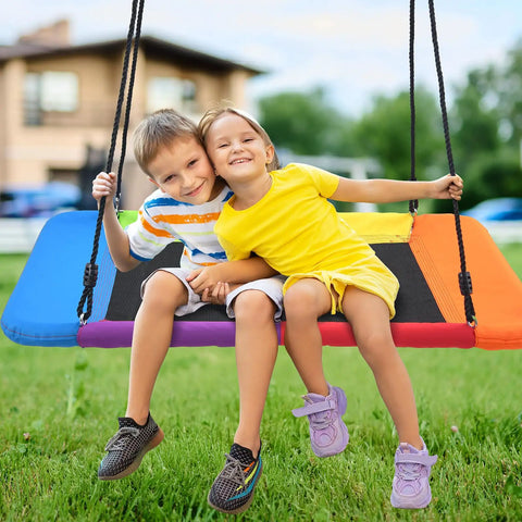 Two kids on Backyard Swing Set With 45 Inch Platform Saucer Swing And Belt Swing For Kids Ages 3 To 8, Outdoor Playground Gear