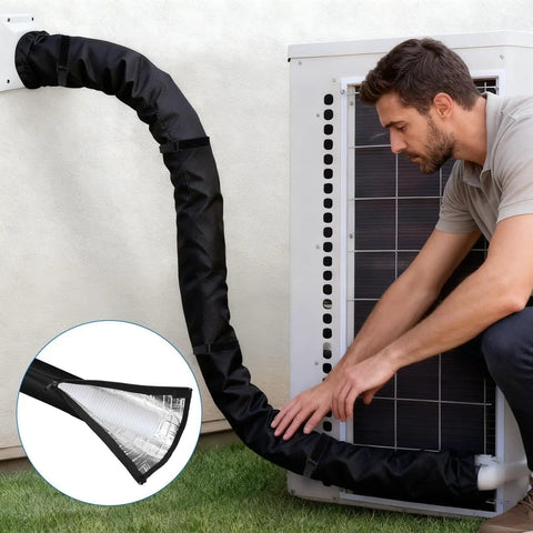 Man installing Three Layer AC Pipe Insulation Cover With Flexible Split Foam Wrap Sleeve For Central AC And Mini Split Lines outside unit