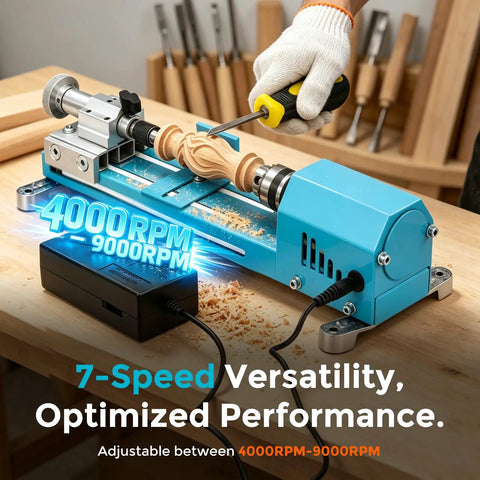 Bonvoisin Mini Lathe Machine With 7-Speed Benchtop Wood Turning Capabilities For Diy Projects and Precision Craftsmanship, showing 4000RPM to 9000RPM settings.