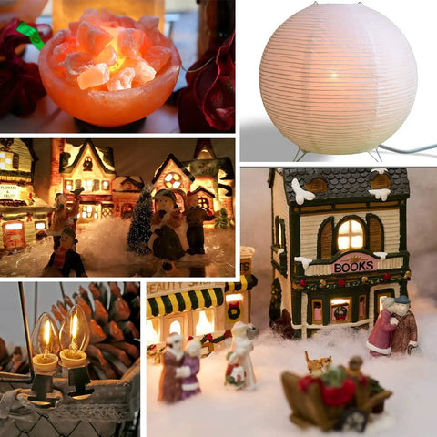 Festive holiday village decor with 2 pack accessory cord with LED night light bulbs, white cord, on off switch plugs, C7 warm white bulb for cozy craft village house decor.