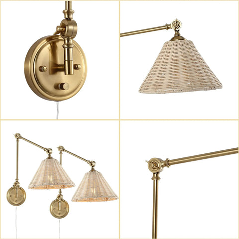 Rattan Wrapped Wall Sconce With Adjustable Swing Arm And Foldable Vintage Bedside Light Gold Finish With Wicker Shade Plug In Or Hardwire Brass Reading Lamp For Living Room Or Bedroom