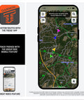 XT3 6 Inch Rugged Motorcycle GPS With Lean Angles And Group Rides showing custom route planning map on mobile screen.