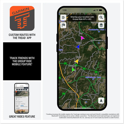 XT3 6 Inch Rugged Motorcycle GPS With Lean Angles And Group Rides showing custom route planning map on mobile screen.