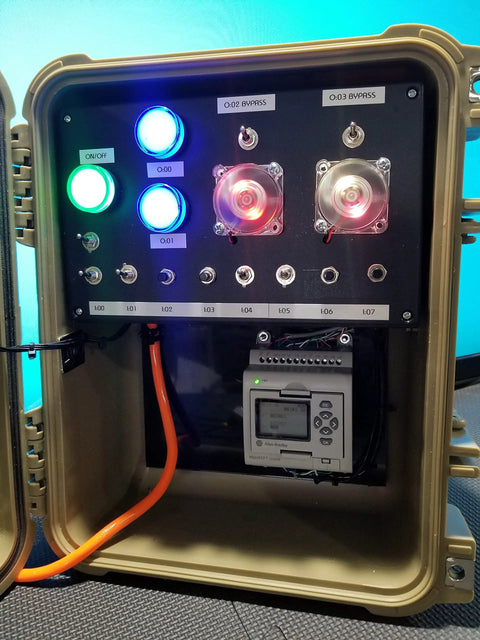 Level Up Your Trade With This Rugged Micro810 Plc Training Kit Featuring A Crisp LCD Screen And Portable Weatherproof Case To Master Ladder Logic Using Connected Components Workbench Software With Zero Fuss. Internal components of a rugged PLC training kit with buttons and lights.