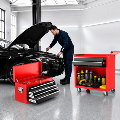 8 Drawer Rolling Tool Chest Built Like A Tank Heavy Duty Metal Tool Cabinet On Wheels With Locking Sliding Drawers Detachable Top Box And Side Hooks For Garage Workshop Repair Room Warehouse Red, open