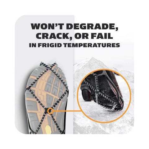 Top Shelf Snow And Ice Walking Traction Cleats Slip On Nonslip Shoe Covers showing durable thermoplastic rubber with zinc coils.