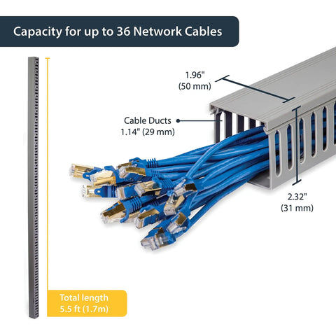 2x2in Open Slot Cable Raceway Duct with cover for server racks, showing 36 cable capacity, 5.5ft length, and PVC material