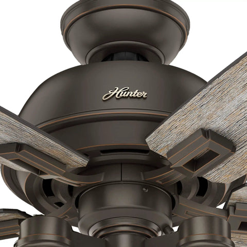 Close-up of Donegan Onyx Bengal Ceiling Fan With LED Light Kit And Pull Chain, 52 Inch, highlighting the motor design and blade detail.