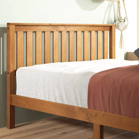 Top Tier Queen Platform Bed Frame With Tufted Fabric Headboard Solid Wood Slats Heavy Steel Base No Box Spring Needed showing wooden headboard and slats.