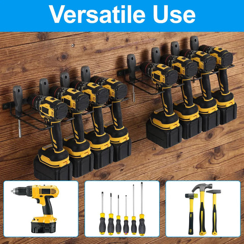 3 Pack Heavy Duty Power Tool Wall Mount Organizer for cordless drills and tools, iron black finish, installed on a wooden wall.
