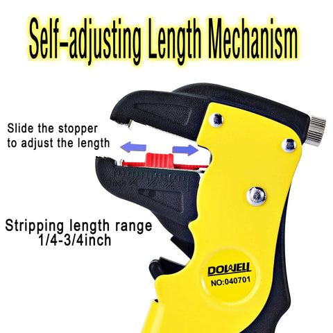 Close-up of yellow Wire Stripping Tool For 14-24 AWG Cables, Automatic Stripping Pliers with adjustable length mechanism.