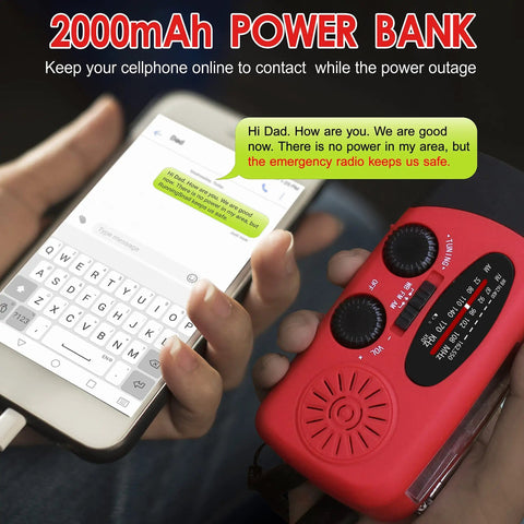 Emergency Hand Crank Radio With LED Flashlight AM FM NOAA Weather Radio 2000mAh Power Bank USB Charging in use during power outage