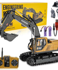 Rugged 3-In-1 RC Excavator Toy For Kids Ages 3-12 with accessories, remote, and box; 2.4GHz 14-channel, 680-degree rotating arm.