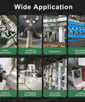 Eight-tile collage of factory equipment and machinery, including lathe, handling, packaging, and electronic equipment.