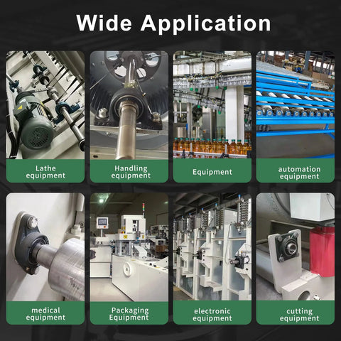 Eight-tile collage of factory equipment and machinery, including lathe, handling, packaging, and electronic equipment.