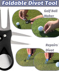 All In One Golf Accessories Kit With Bag Hook Tees Towel Cleaner Brush Ball Marker Divot Tool Score Counter And Retractable Groove Cleaner Great On The Go On Course Gear For Clean Clubs And Quick Play showing foldable divot tool and ball marker in use