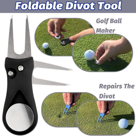 All In One Golf Accessories Kit With Bag Hook Tees Towel Cleaner Brush Ball Marker Divot Tool Score Counter And Retractable Groove Cleaner Great On The Go On Course Gear For Clean Clubs And Quick Play showing foldable divot tool and ball marker in use