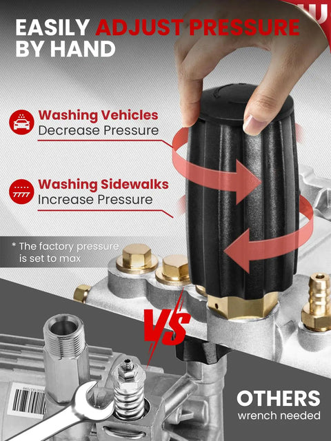 Hand adjusting pressure on Three Quarter Inch Shaft Pressure Washer Pump 3400 PSI 2.5 GPM Horizontal Replacement Kit