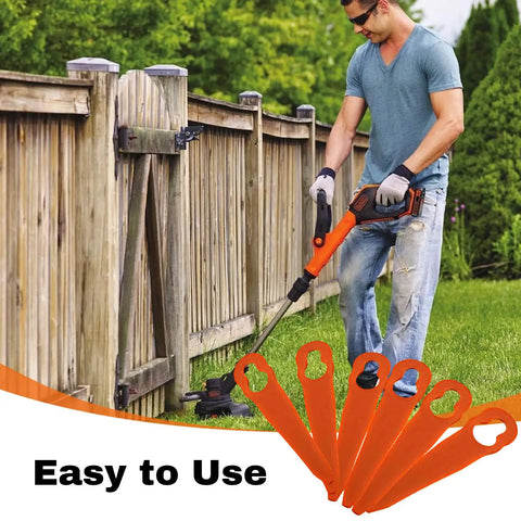 Man using 48 Piece Plastic Trimmer Head Blade Set Replacement For PolyCut 2 2 4008 007 1000 on lawn mower in garden