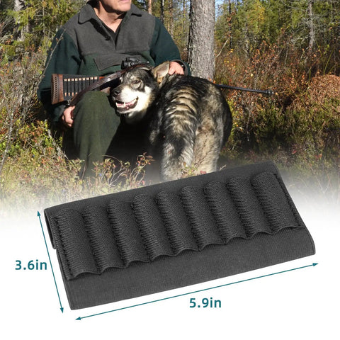 Elastic Rifle Shell Buttstock Holder For 9 Rounds with dimensions 3.6in x 5.9in visible in outdoor setting