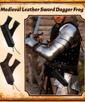 Knight wearing medieval armor with PU Leather Medieval Sword Dagger Frog Scabbard With Adjustable Rope Vintage Style