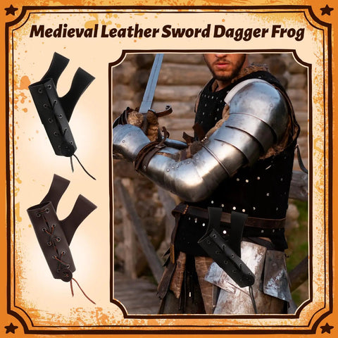 Knight wearing medieval armor with PU Leather Medieval Sword Dagger Frog Scabbard With Adjustable Rope Vintage Style