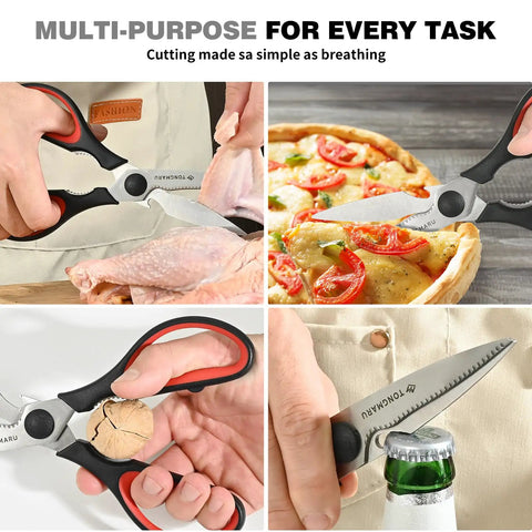 Beefy All Purpose Heavy Duty Kitchen Scissors With Detachable Blades, Serrated Edges, Nutcracker And Bottle Opener, Dishwasher Safe Multipurpose Food Shears For Meat, Veggies, Fish, Poultry And Herbs. Stainless steel scissors cutting chicken, pizza, nuts and bottle cap