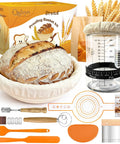 All In One Sourdough Starter Kit With Glass Starter Jar, 9 Inch Proofing Basket, baking tools, and wheat decorations