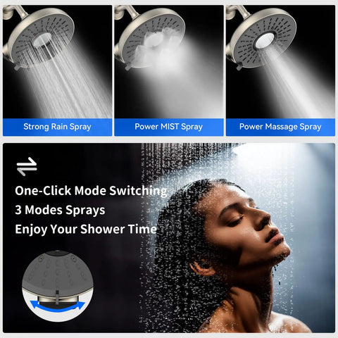Chrome Fixed Showerhead With 135 Self Cleaning Silicone Nozzles, 1.75 GPM Flow, 360 Degree Rotation, Easy Clean Design with three spray modes.