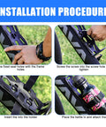 Installation of Front Fork Mounted Water Bottle Cage And Cargo Rack For Bikes, step-by-step fixing strap and water bottle setup.