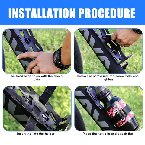 Installation of Front Fork Mounted Water Bottle Cage And Cargo Rack For Bikes, step-by-step fixing strap and water bottle setup.