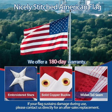 Built Tough Durable Nylon Outdoor Flag 3x5 Ft Waterproof Embroidered All Weather US Made Heavy Duty American Flag waving on pole.