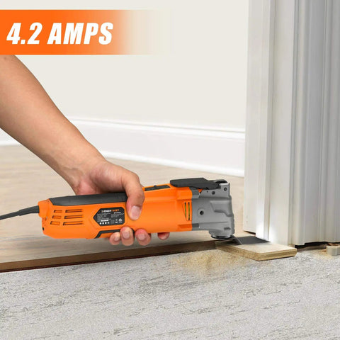 Beast Oscillating Multitool Kit 4.2 Amp with 5 Degree Oscillation cutting wood near door frame