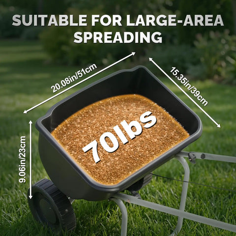 70 Lb Fertilizer Spreader With 15 Adjustable Drop Rate showing filled hopper and dimensions, on grass background.