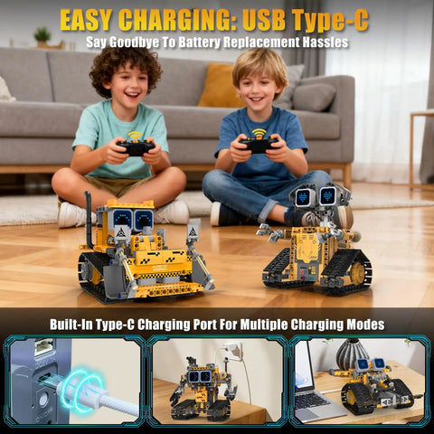 Robot Building Kit 5 In 1 STEM Toys With Remote And App Control For Kids 373 Pieces Featuring 16 LED Expressions, Awesome Christmas And Birthday Gift For Teens Boys And Girls, Hands On Tech Fun showing kids using two robot models