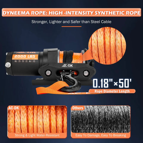 Heavy Duty 2000 Pound ATV UTV Electric Winch Kit With Synthetic Rope For Off Road Recovery with 0.18 inch thickness and 50 ft length
